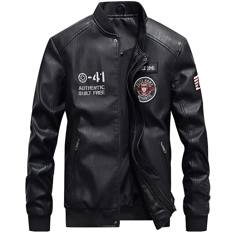 Men's black PU leather motorcycle jacket with fleece lining, rock style, zippers, and patches for casual wear.
