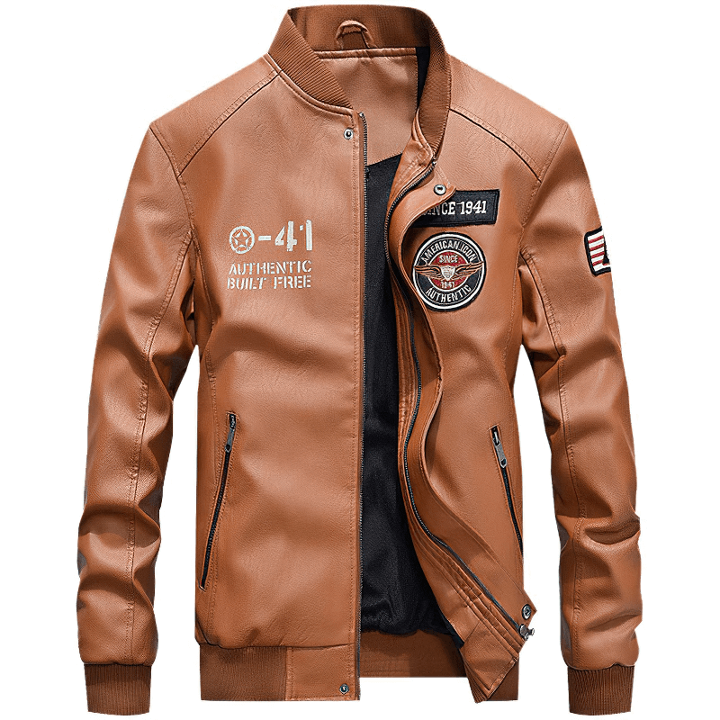 Brown motorcycle bomber jacket with patches and zippers, perfect for a casual rock style outfits.