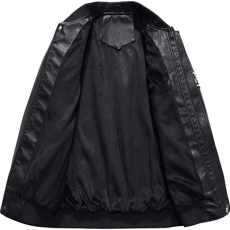 Interior view of a men's motorcycle PU leather jacket with soft fleece lining, showcasing zippers and rock style details.