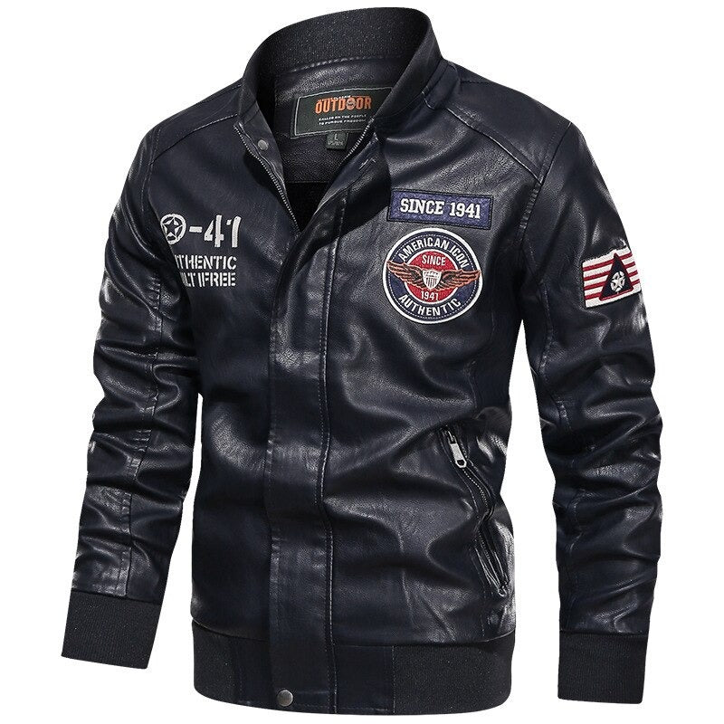 Men's black PU leather motorcycle jacket with patches, zippers, and fleece lining for a stylish rock look.