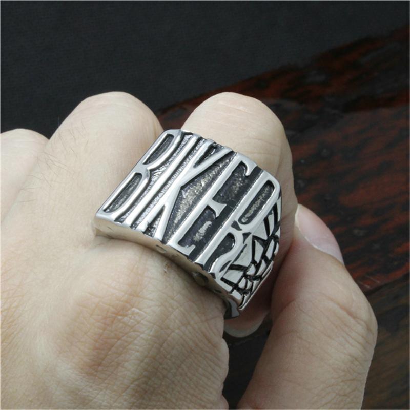 Stainless steel 'Biker' ring showcased on a hand, a bold statement accessory for motorcycle enthusiasts.
