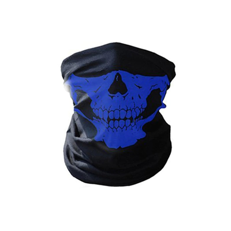 Windproof motorcycle balaclava featuring a blue skull design, perfect for outdoor activities and protection from dust.