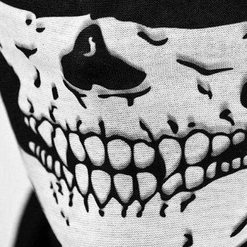Close-up of a skull print on a windproof balaclava, ideal for motorcycle and outdoor activities.