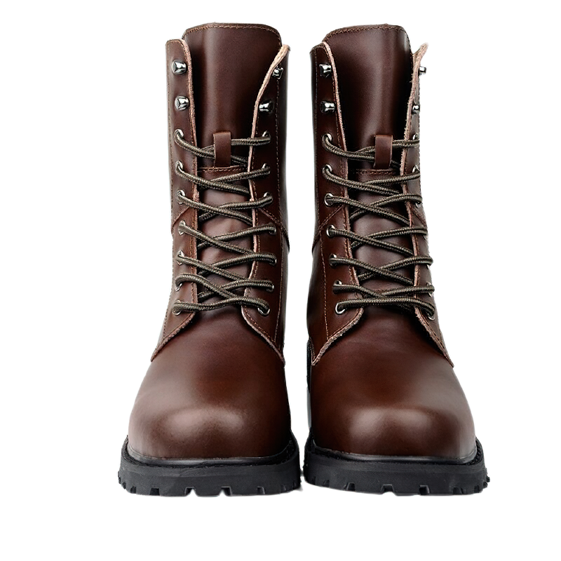 Brown leather lace-up motorcycle boots for men, offering stylish comfort and durability in modern footwear.