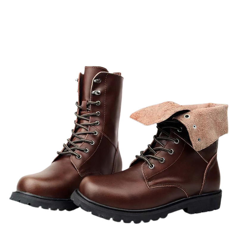 Men's stylish motorcycle boots in brown leather with lace-up design and foldable cuff.