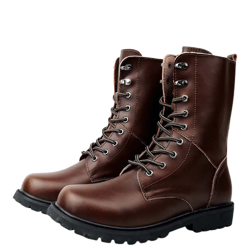Stylish brown leather lace-up motorcycle boots for men, perfect for trendy male fashion footwear.