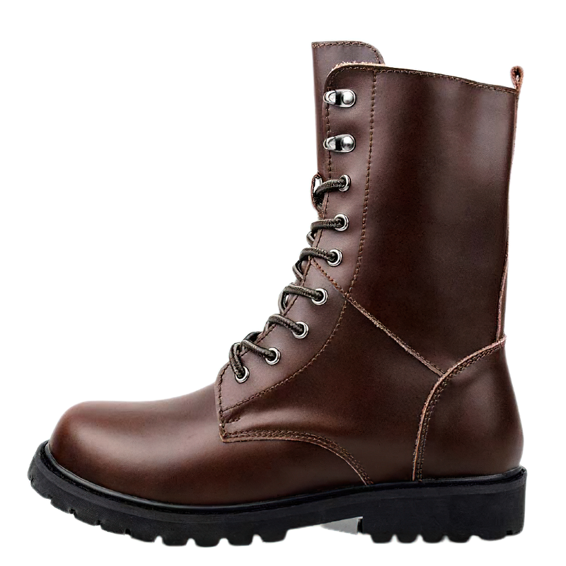 Stylish brown leather lace-up motorcycle boots for men with rugged sole and modern design.