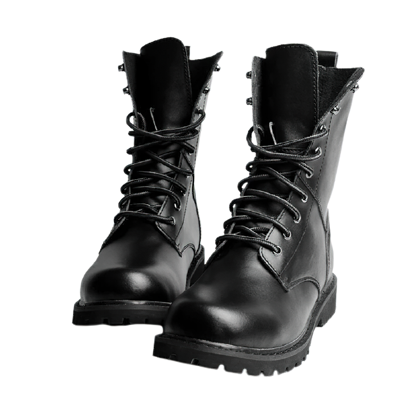 Men's black leather lace-up motorcycle boots with stylish design and sturdy sole.