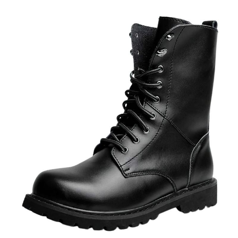 Stylish black men's leather lace-up motorcycle boots with rugged sole for modern fashion.