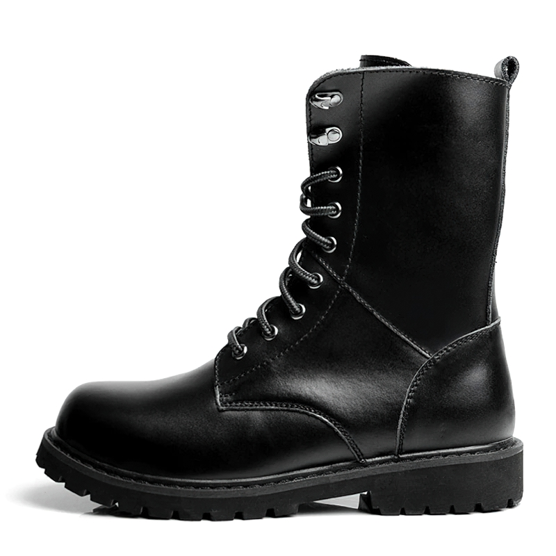 Men's black leather lace-up motorcycle boots, stylish and durable footwear for modern male fashion.