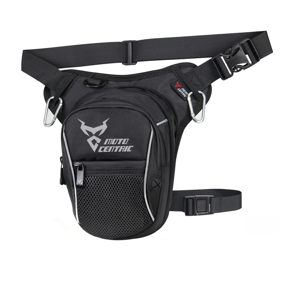 Stylish black motorcycle waist and leg bag with mesh pocket, perfect for men and women outdoor activities.
