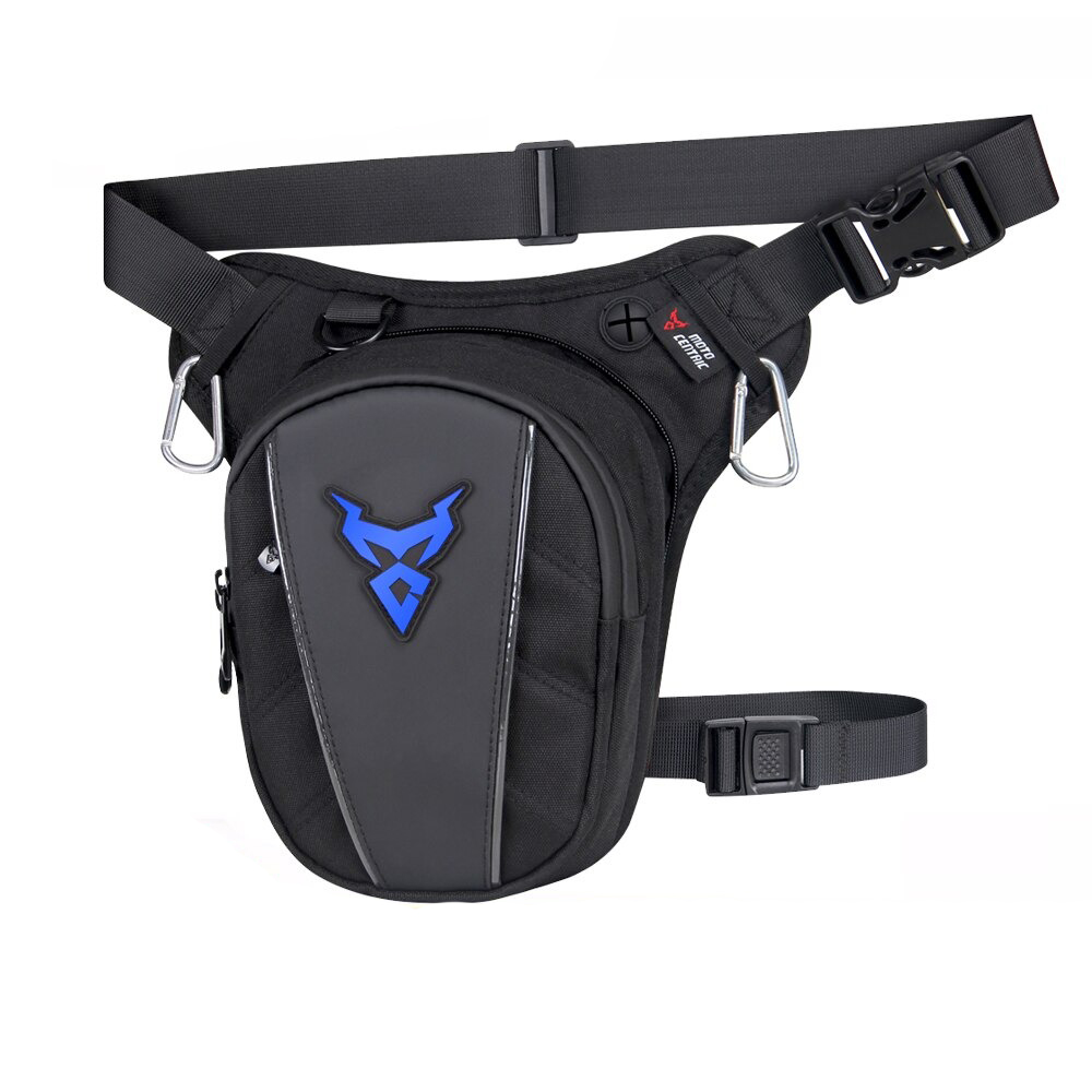 Stylish unisex motorcycle waterproof waist and leg bag with a blue logo, perfect for men and women.