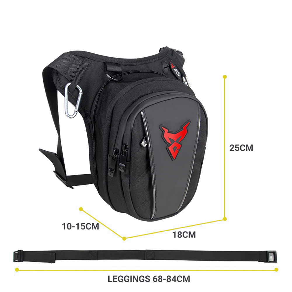 Stylish motorcycle waterproof waist & leg bag in black with red logo, adjustable straps, and sleek design for men and women.