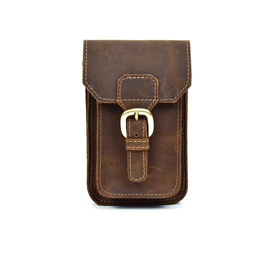 Stylish brown leather phone pouch with buckle closure for secure storage and easy access.