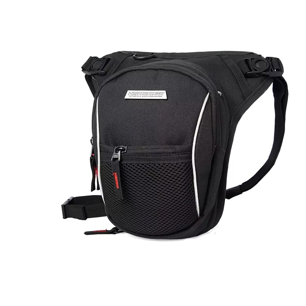 Stylish waterproof motorcycle waist and leg bag, unisex design with multiple compartments and modern look.
