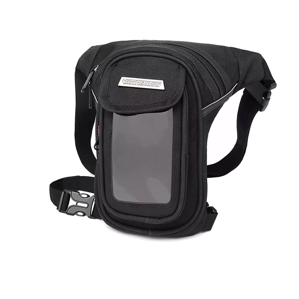 Stylish motorcycle waterproof waist bag with touch screen pocket and adjustable strap, perfect for outdoor adventures.