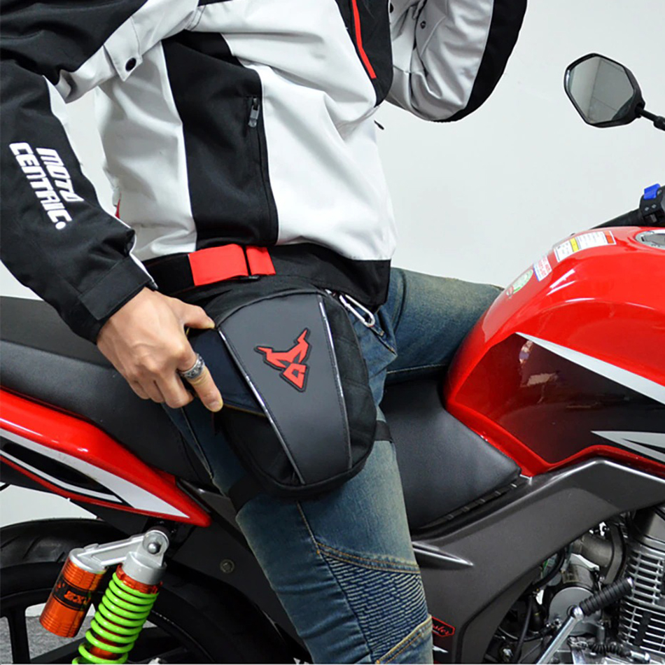 Stylish unisex motorcycle waterproof waist and leg bag in action on a rider's hip.