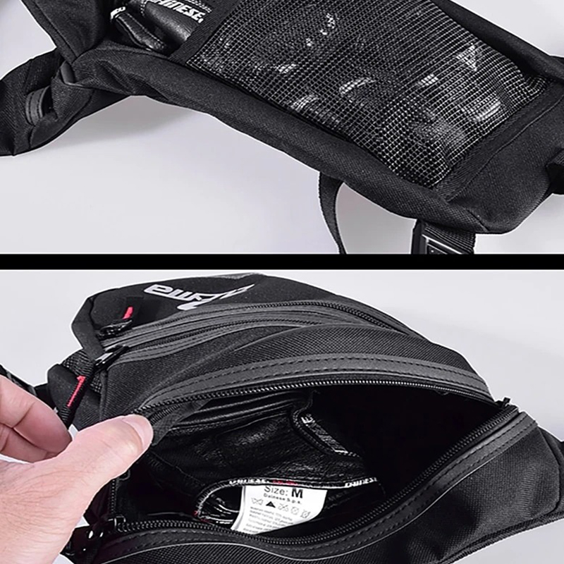 Close-up of a waterproof motorcycle waist bag showing interior pockets and zippers for secure storage.