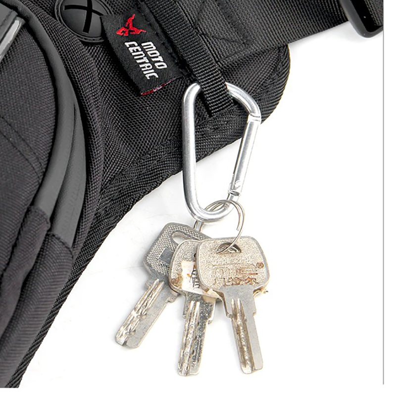 Close-up of waterproof motorcycle waist bag with attached keys, showcasing its practical design and quality materials.