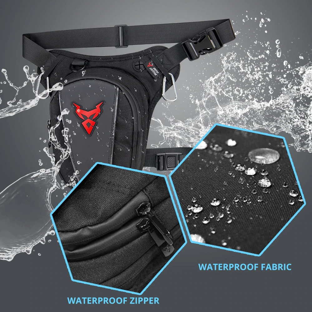 Stylish motorcycle waterproof waist and leg bag featuring waterproof zipper and fabric, ideal for men and women.