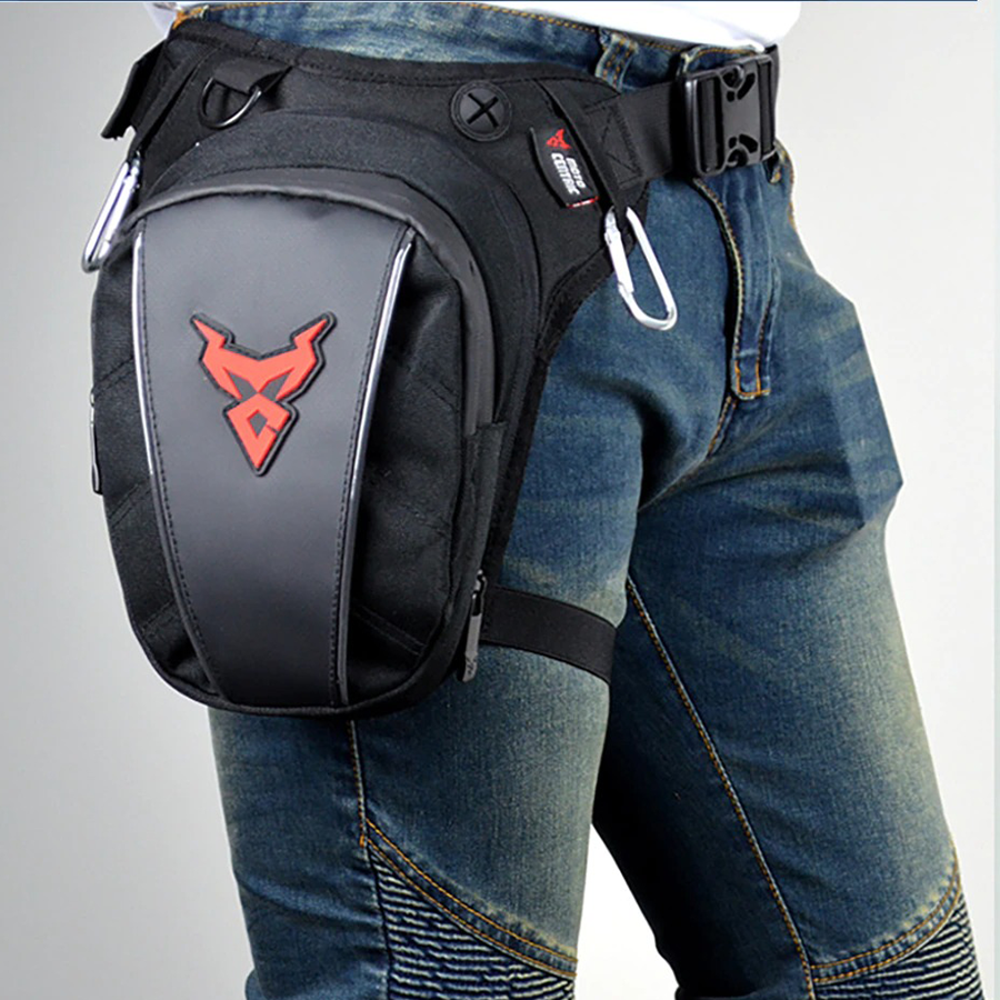 Unisex motorcycle waterproof waist and leg bag in stylish black and red design, worn on a man's hip.