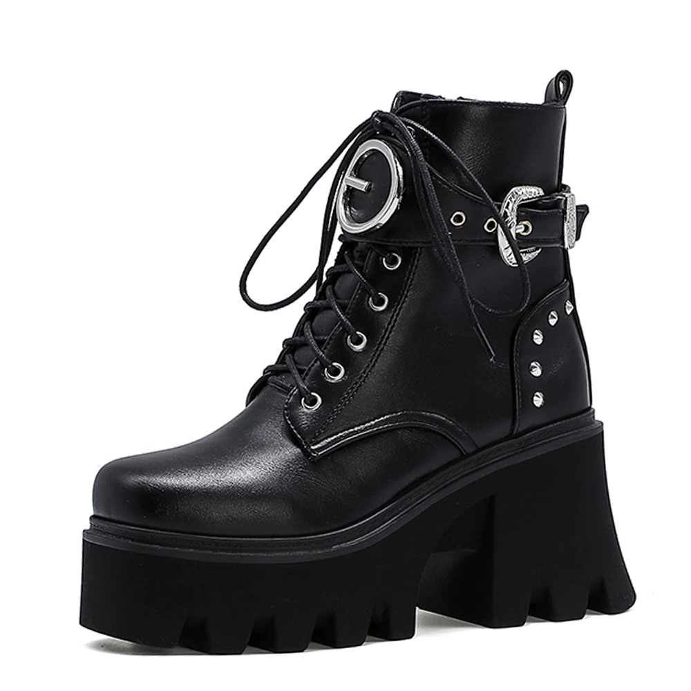 Stylish women's ankle boots in black PU leather with platform heels and metal buckle, perfect for casual fashion.