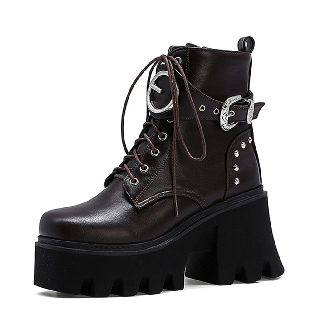Motorcycle Women's Ankle Boots with Metal Buckle / Fashion Platform Square Toe Boots - HARD'N'HEAVY