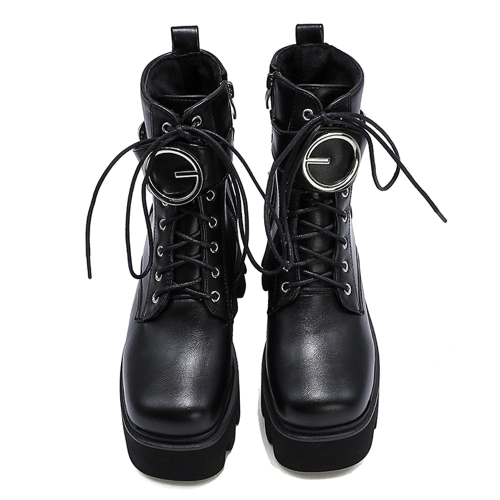 Stylish black women's ankle boots featuring metal buckle, high platform heels and trendy lace-up design.