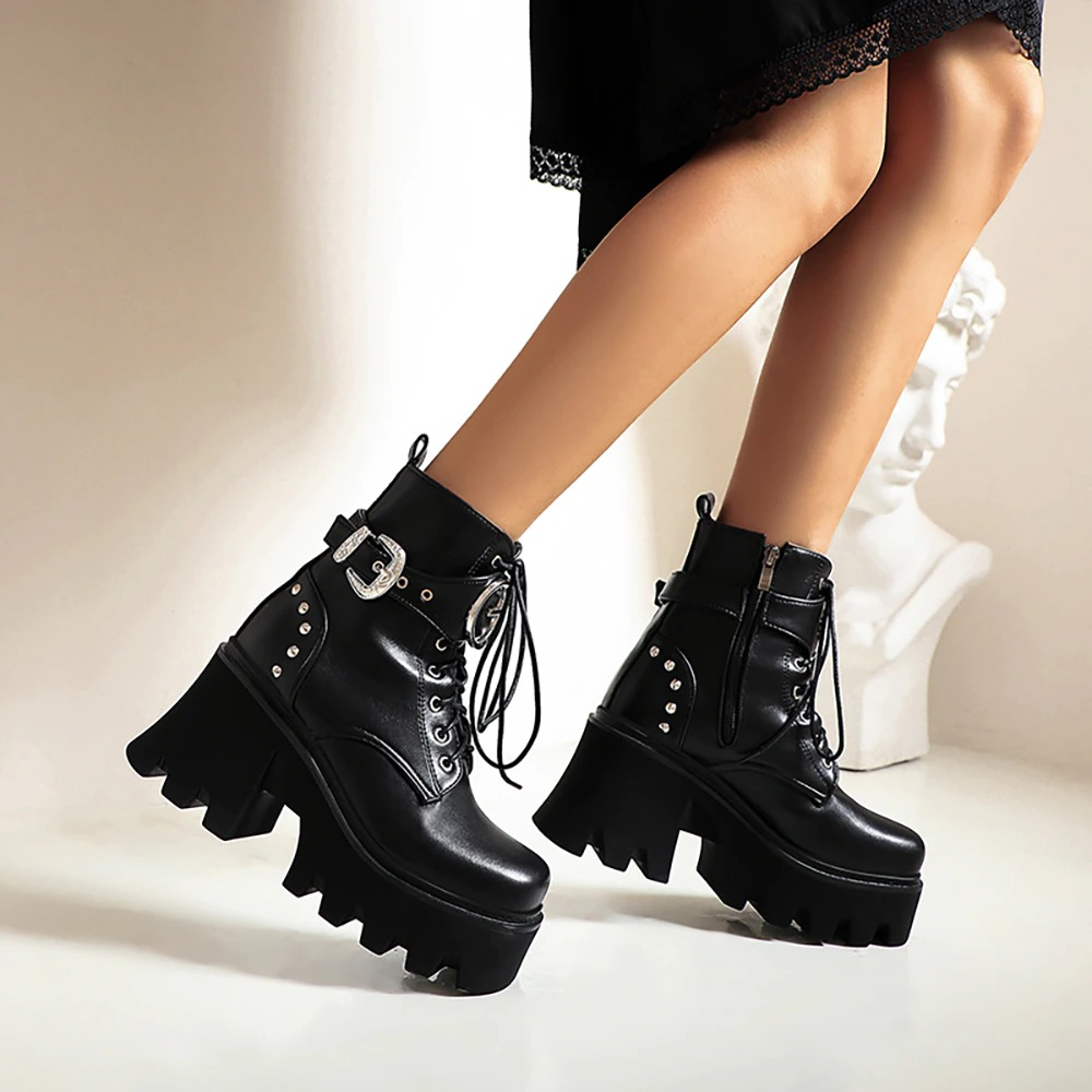 Motorcycle Women's Ankle Boots with Metal Buckle / Fashion Platform Square Toe Boots - HARD'N'HEAVY