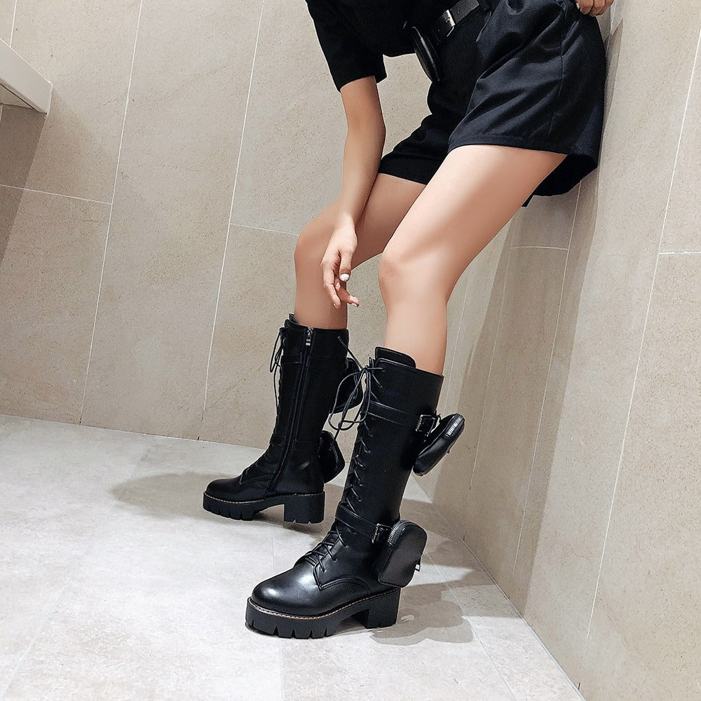 Stylish women's motorcycle lace-up platform boots with thick sole, featuring a pocket and gothic design.