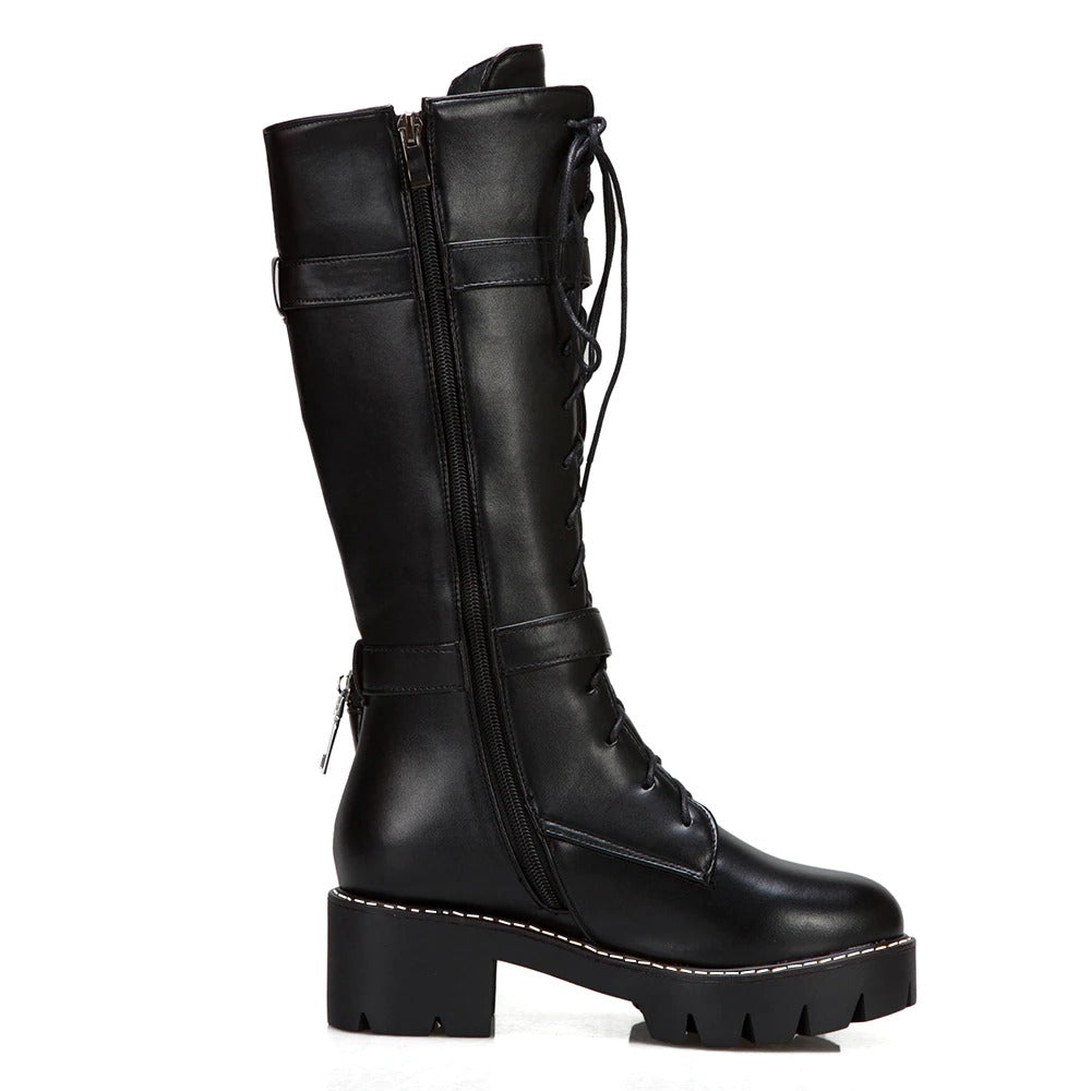 Women's black lace-up motorcycle boots with a thick sole and side zipper for steampunk fashion.