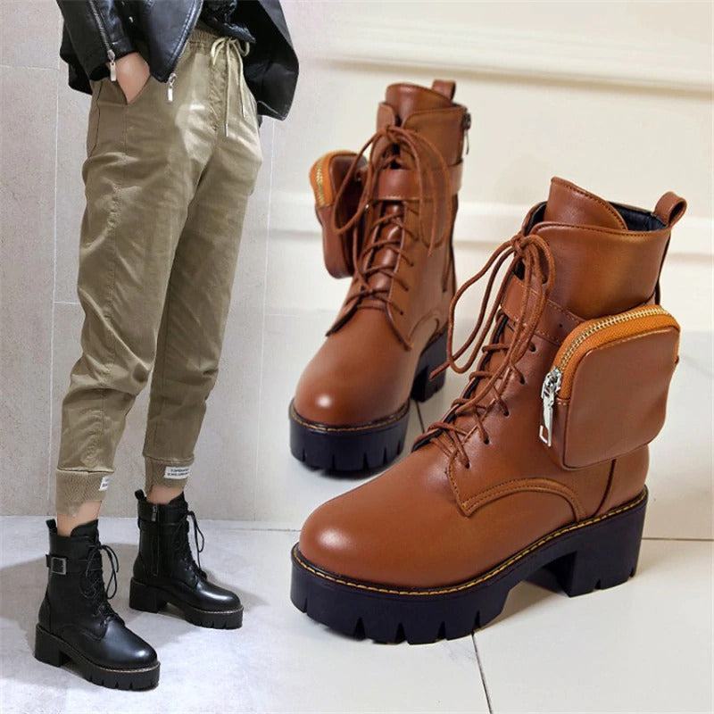 Stylish women's lace-up platform motorcycle boots with pocket, showcasing steampunk fashion and thick soles.