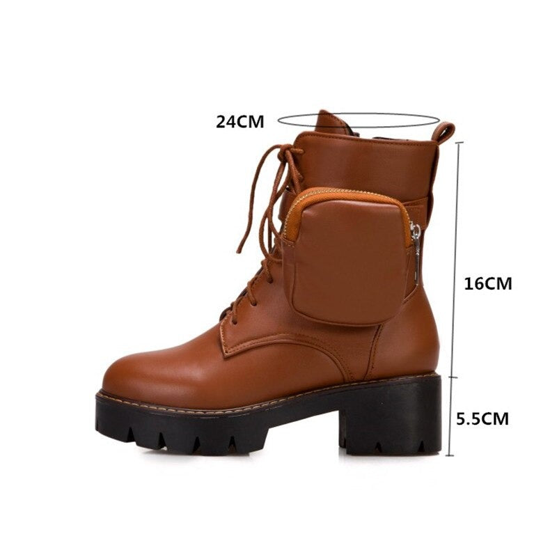 Womens lace-up motorcycle boots in brown with side pocket, platform sole, and stylish lacing details, perfect for steampunk fashion.