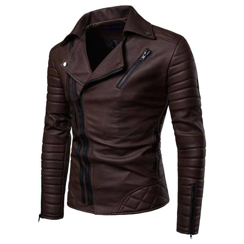 Motorcycle Zipper PU Leather Jacket and Coat for Men / Stylish Striped Winter Windproof Jackets - HARD'N'HEAVY
