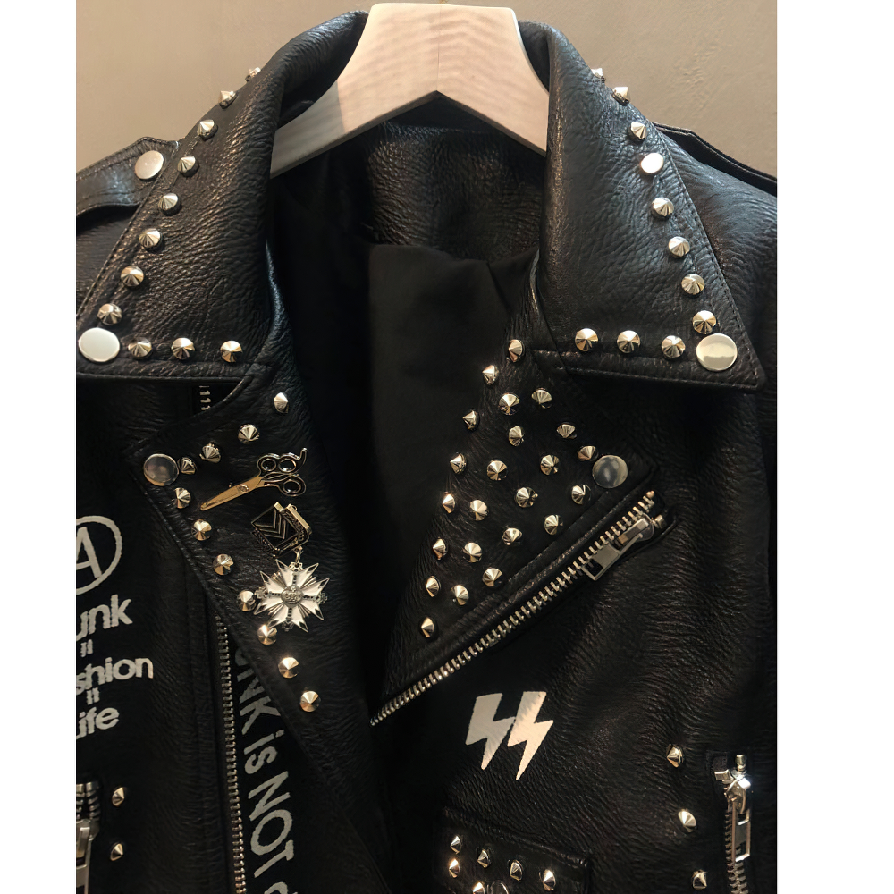 Motorcyle Jacket with Pattern on the Back / Punk Beading Rivet PU Leather Jackets - HARD'N'HEAVY