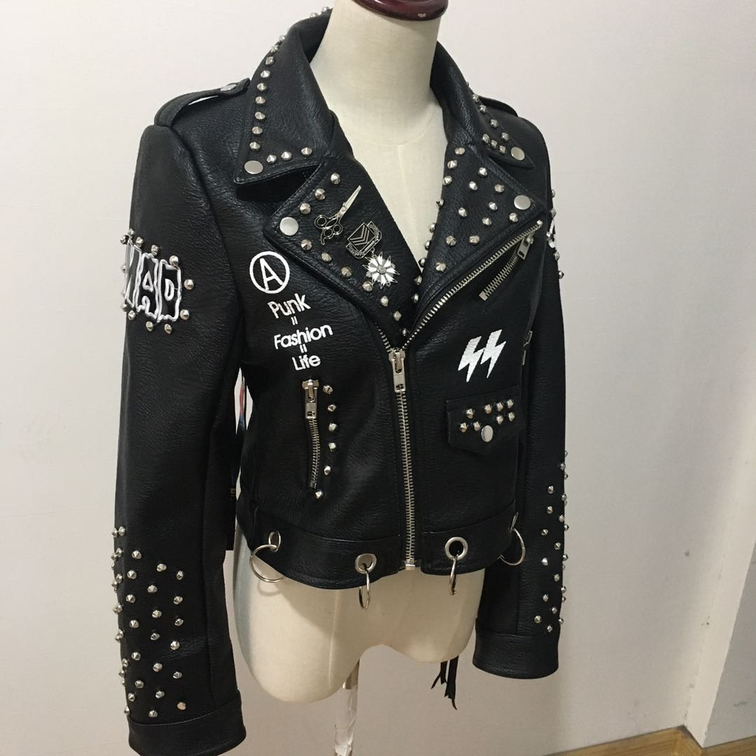 Motorcyle Jacket with Pattern on the Back / Punk Beading Rivet PU Leather Jackets - HARD'N'HEAVY