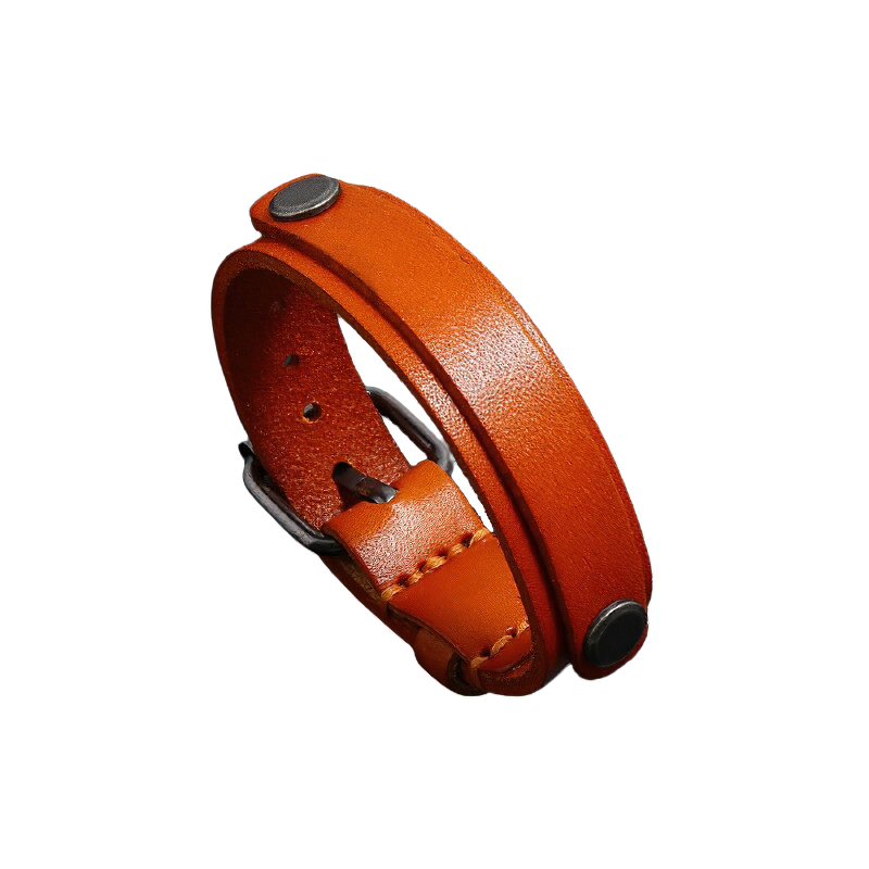 Multi-layer wide bracelet in orange genuine leather with silver buttons, stylish and adjustable for men and women.