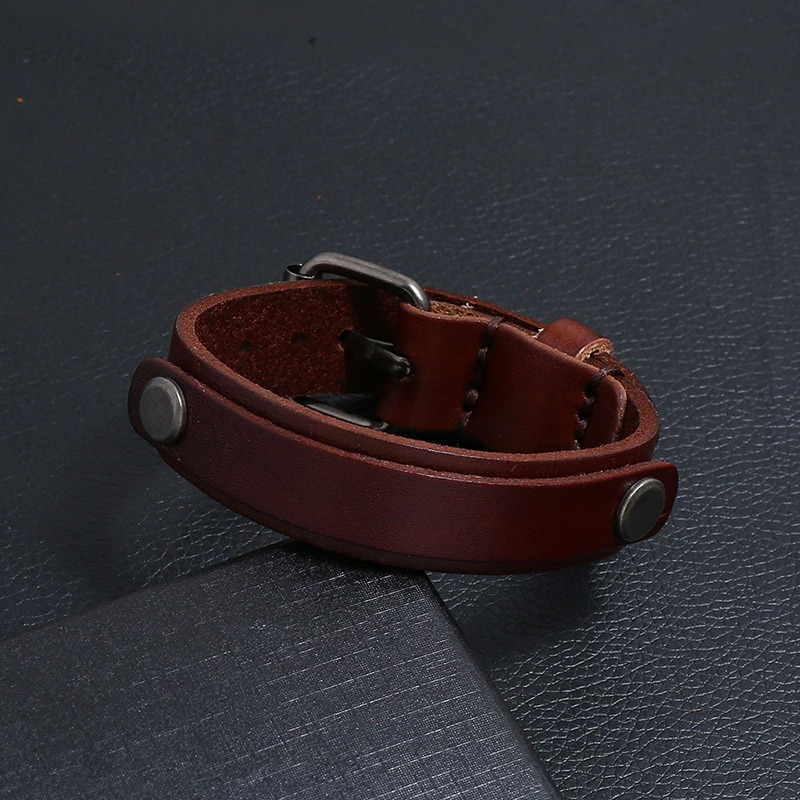 Multi-layer wide bracelet with genuine leather and silver buttons, perfect for casual punk style jewelry.