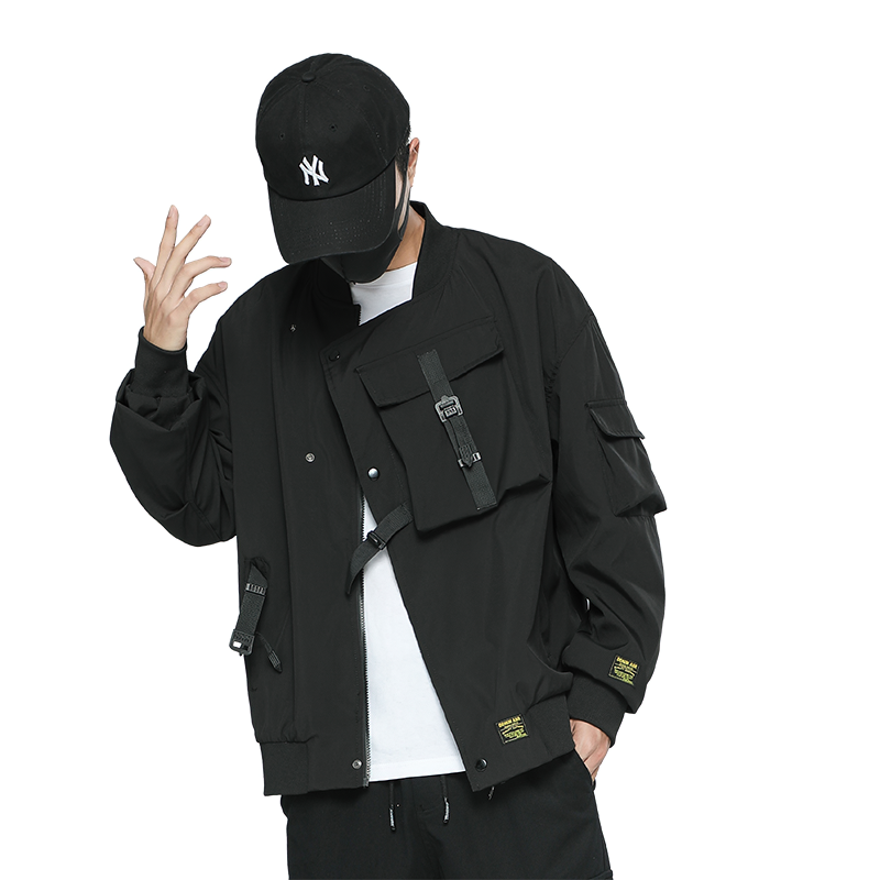 Men's multi-pocket cargo bomber jacket in black, perfect for cool casual outfits and versatile styling.