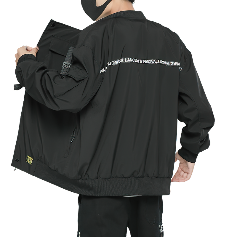 Men's multi-pocket cargo bomber jacket in black, showcasing a stylish back and practical design for cool casual wear.