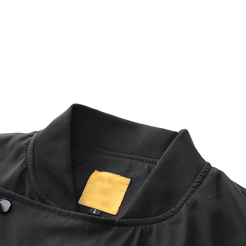 Close-up of the collar of a multi-pocket cargo bomber jacket for men in black, showcasing quality fabric and design.