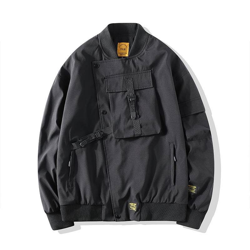 Cool black multi-pocket cargo bomber jacket for men, perfect for casual styling and functionality.