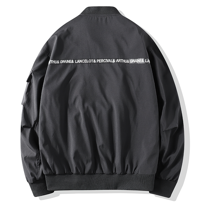 Back view of a multi-pocket cargo bomber jacket for men, featuring a cool black design and stylish embroidery.