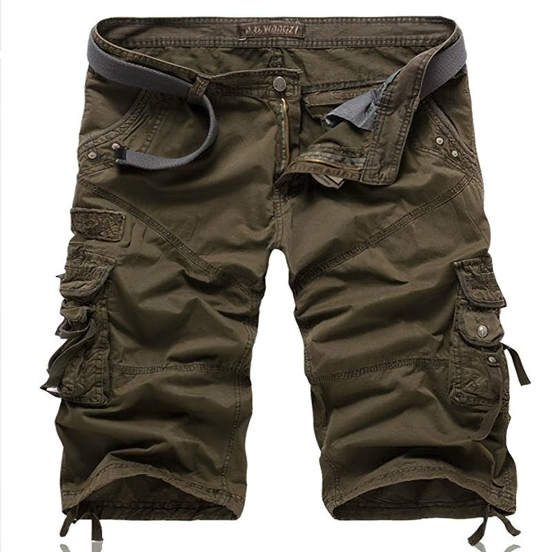 Olive green multi-pocket men's cargo shorts, perfect for summer casual wear and outdoor adventures.
