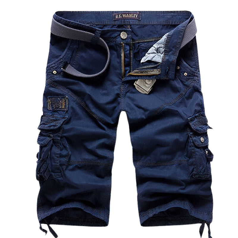 Navy blue multi-pocket men's cargo shorts, casual cotton cropped capri pants for summer wear.