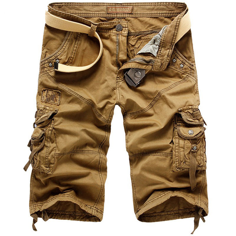Stylish multi-pocket men's cargo shorts in khaki, perfect for summer outdoor adventures and casual wear.