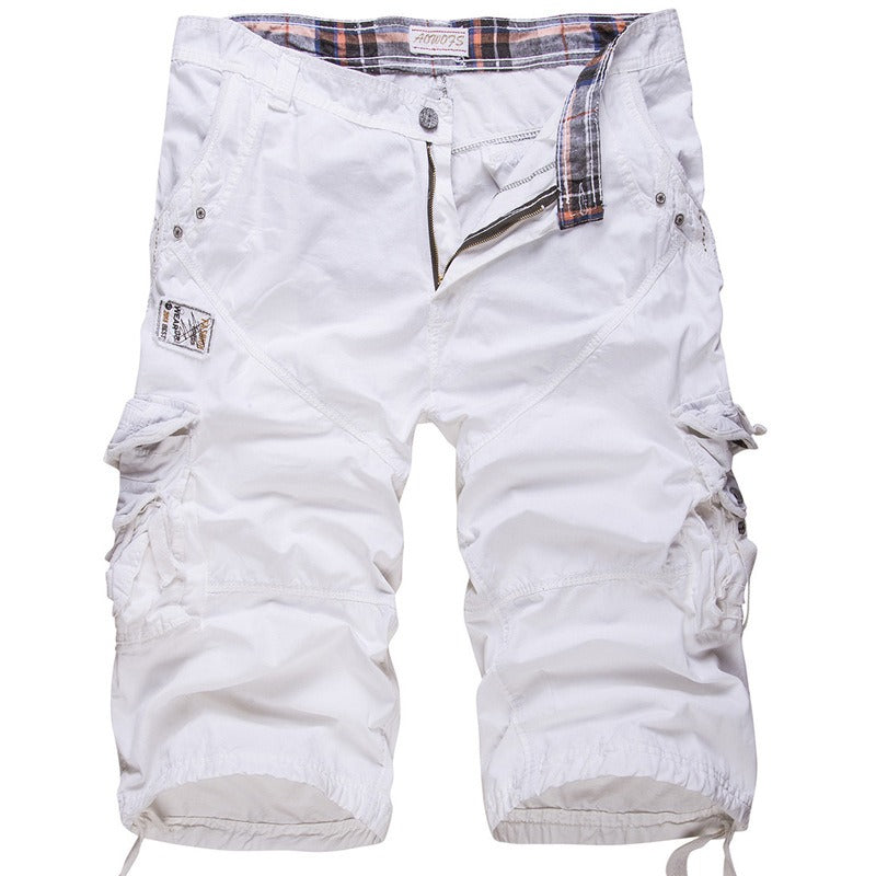 White multi-pocket cargo shorts for men, perfect for summer casual style and outdoor adventures.