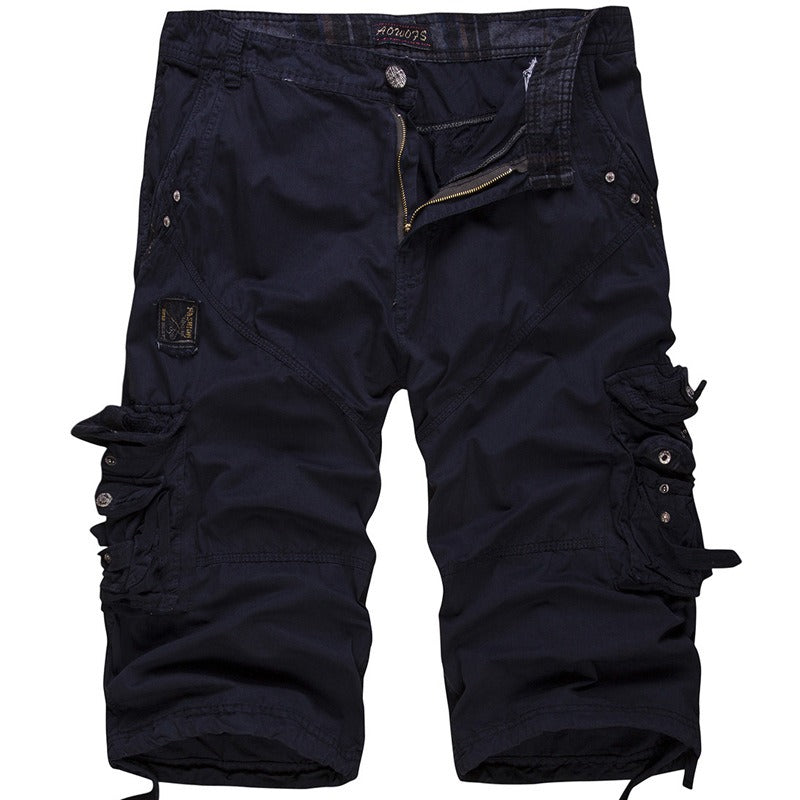 Men's multi-pocket cargo shorts in black, perfect for summer casual and safari style, made from lightweight cotton fabric.