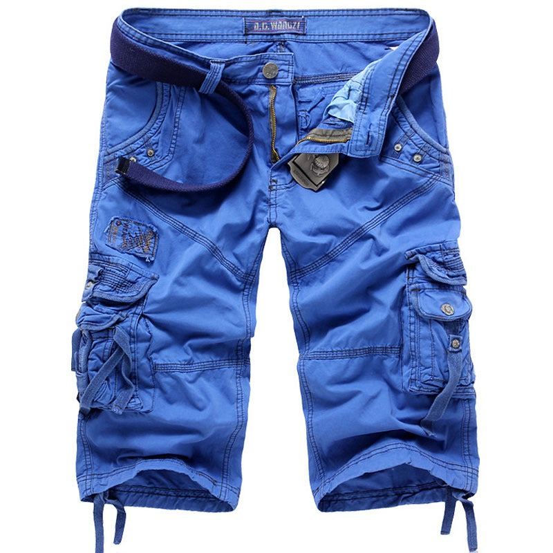 Blue multi-pocket men's cargo shorts, perfect for summer casual wear and outdoor adventures.