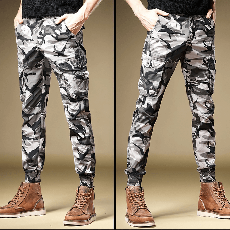 Stylish men's slim-fit camouflage pants with multiple pockets, perfect for casual outings and military-inspired looks.
